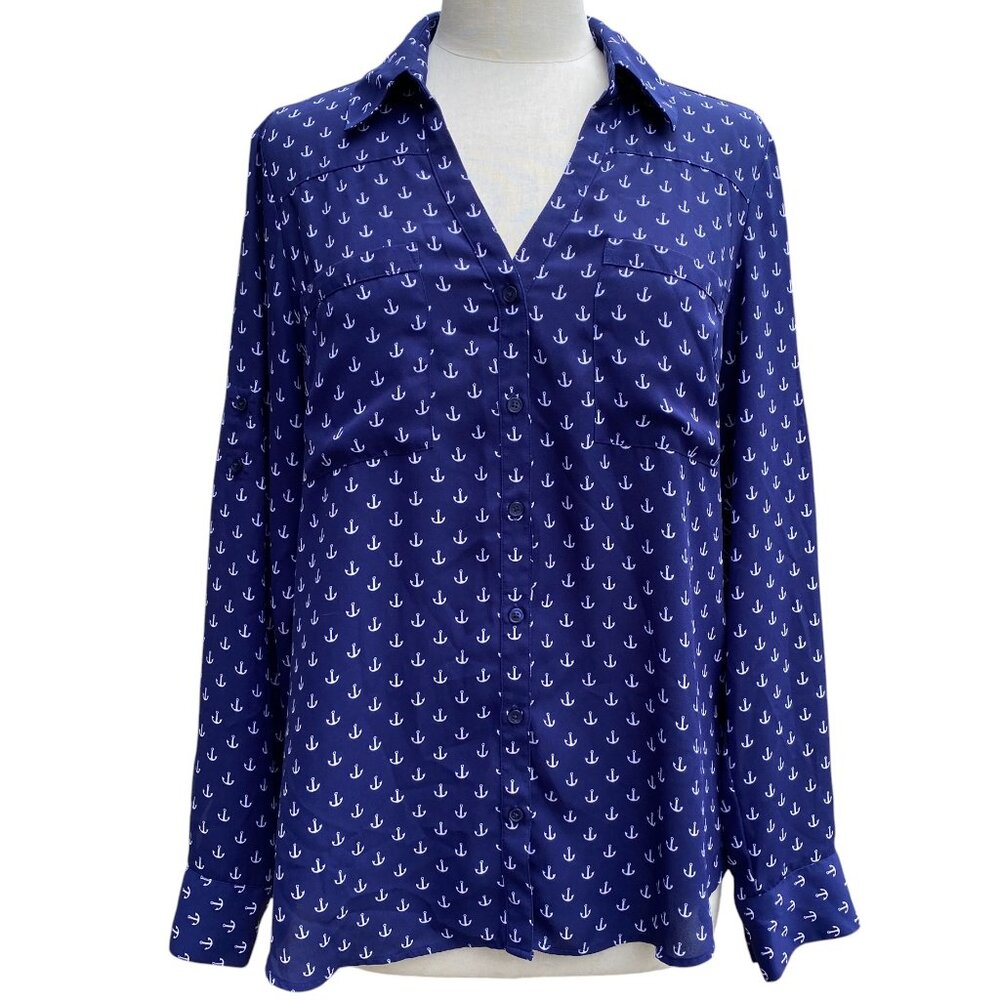 Express The Portofino Shirt Blue Nautical Anchor Print Roll Tab Coastal Preppy-L